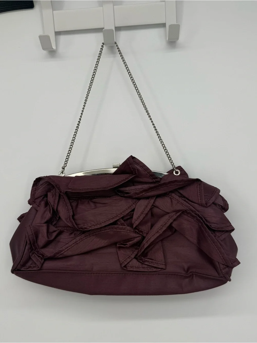 BCBGirls Purple Ruffle Clutch Purse Chain Strap Evening Bag Y2k Style